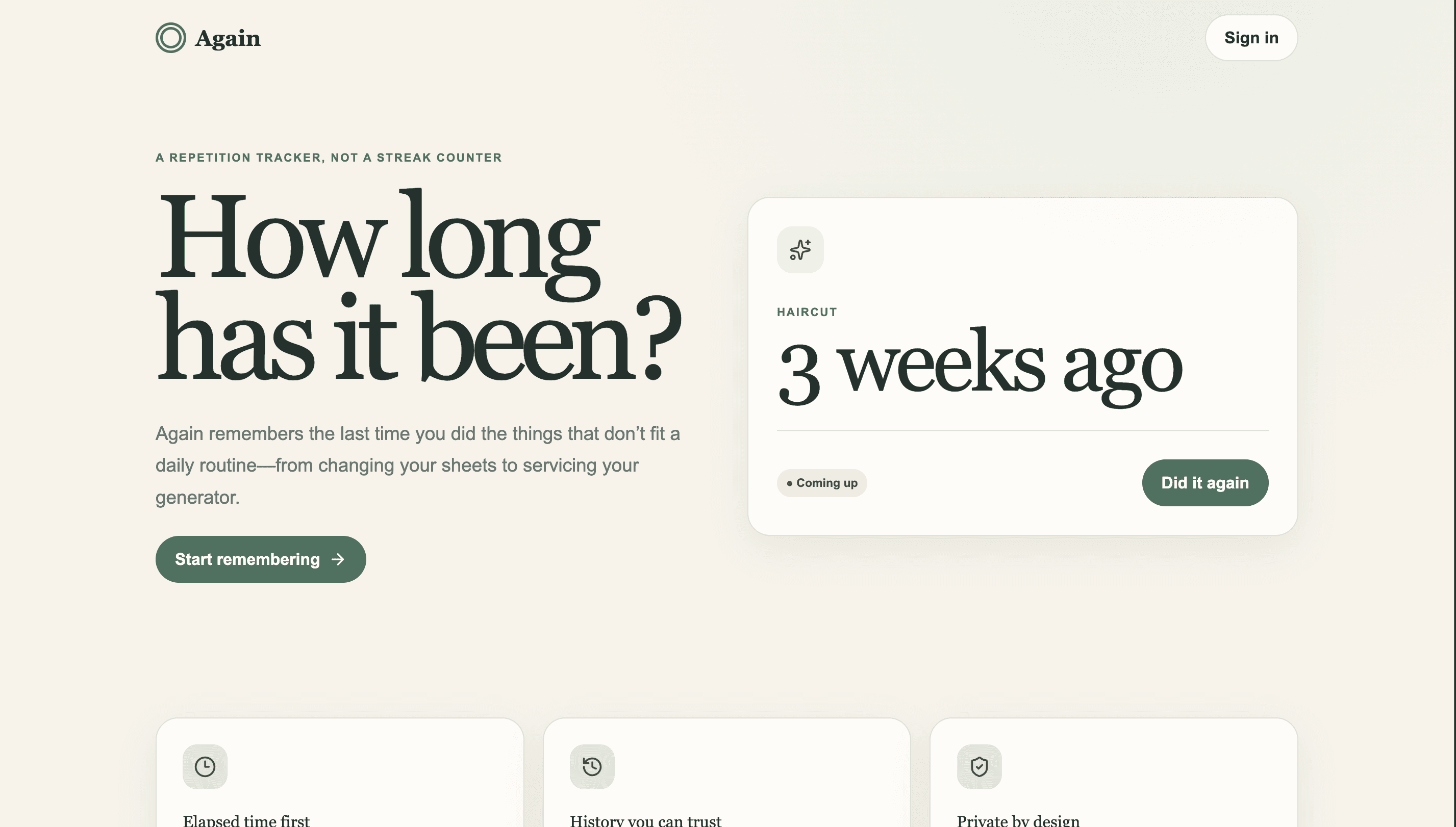 Again landing page showing an elapsed-time tracker for a haircut