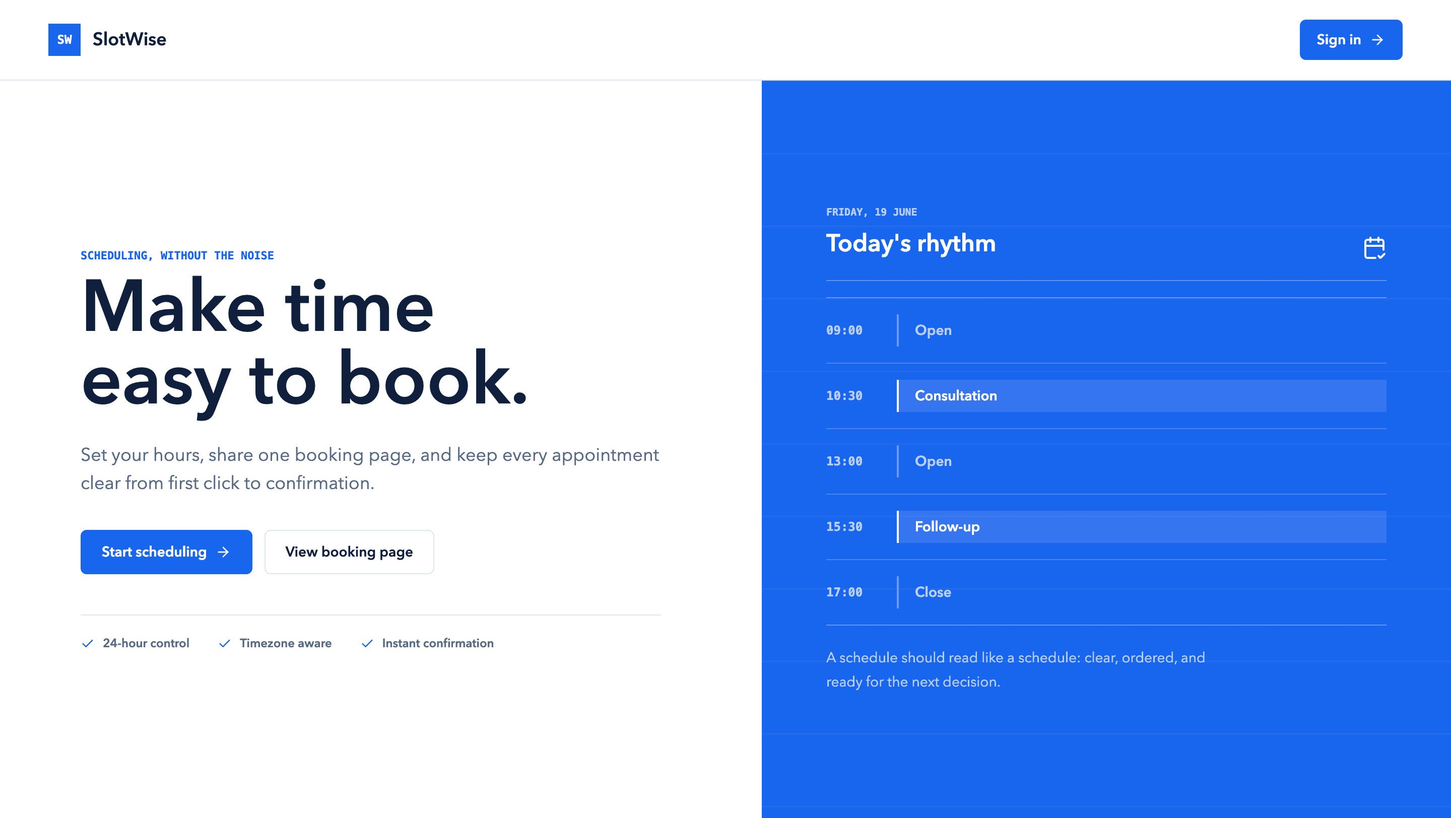SlotWise landing page with a daily appointment schedule
