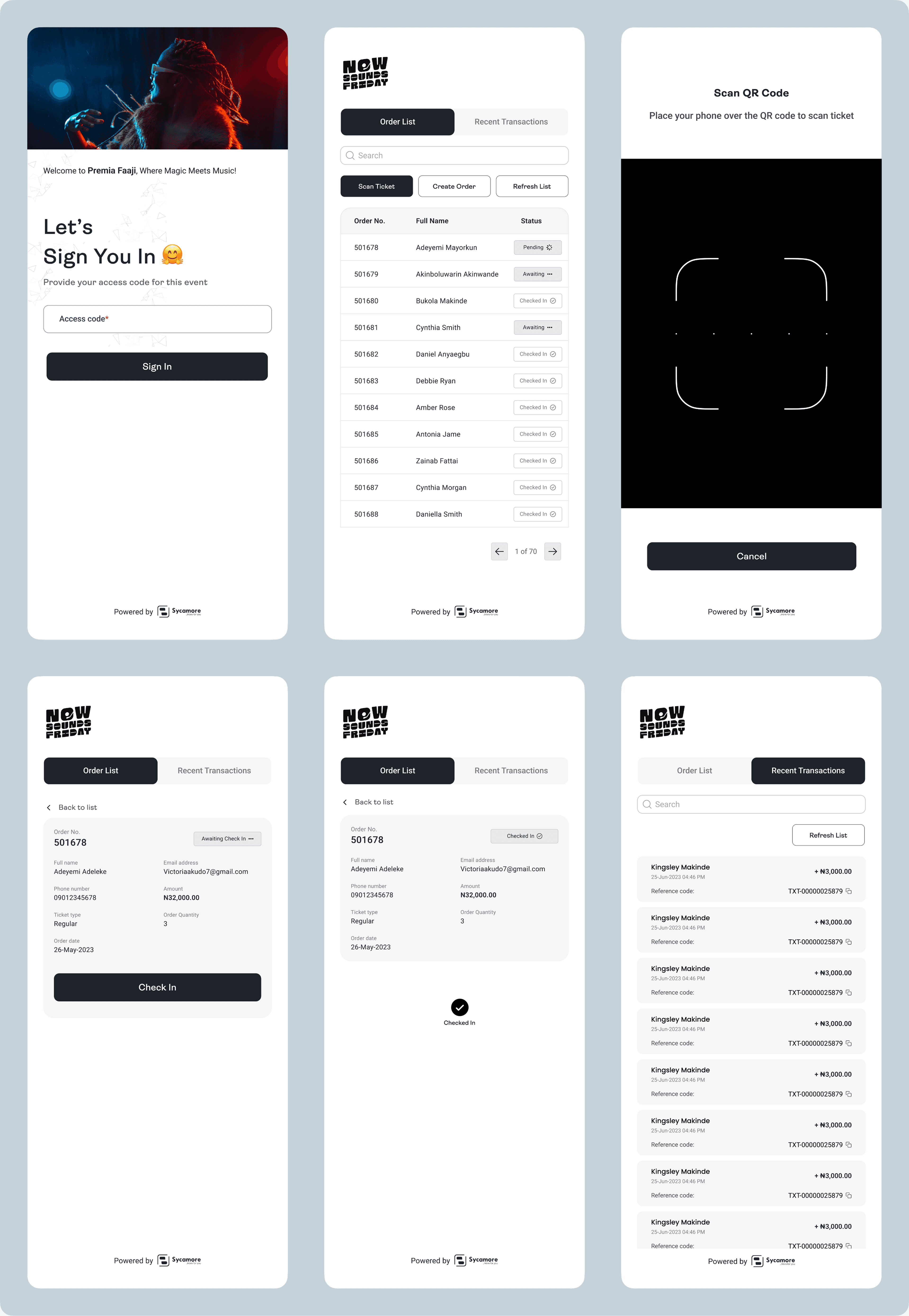 Event staff interface screens