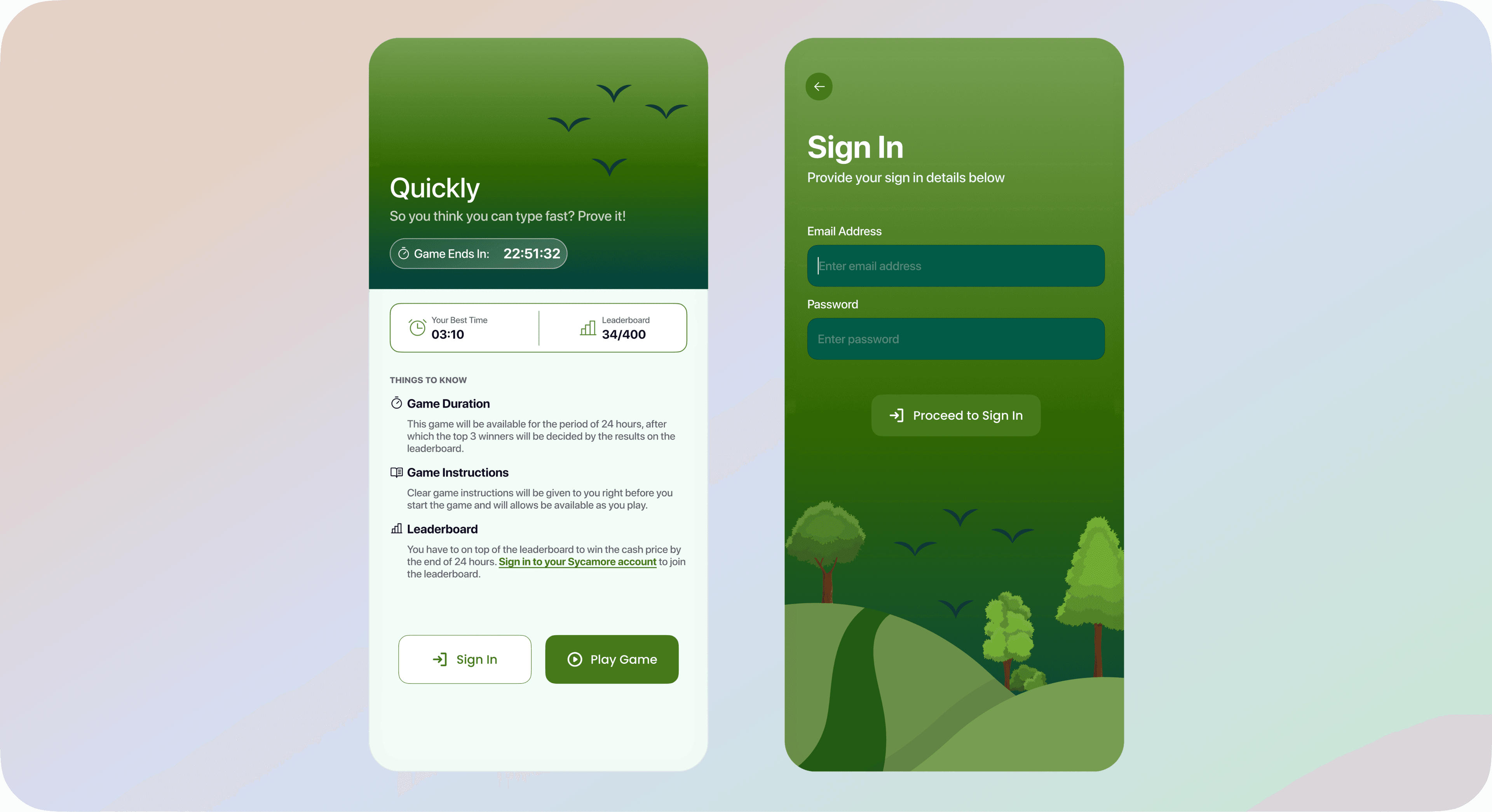 Quickly landing and sign-in screens