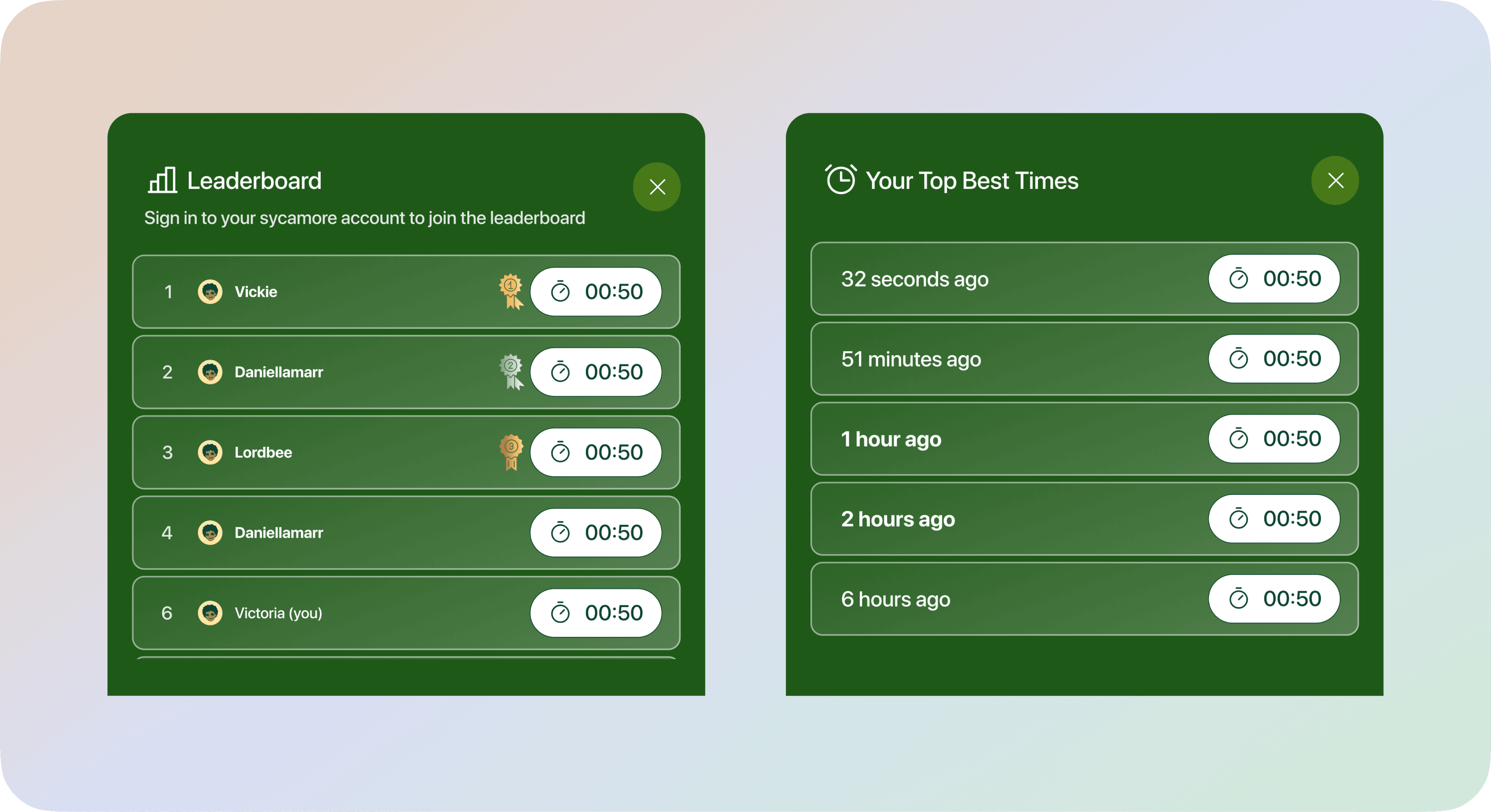 Leaderboard and best-score screens